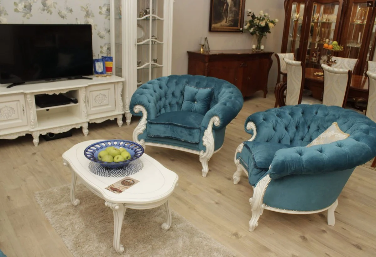 Casa Padrino sill¨®n de sal¨®n barroco de lujo azul / blanco - Sill¨®n de estilo barroco hecho a mano - Magn¨ªficos muebles de sal¨®n de lujo en estilo barroco - Muebles barrocos