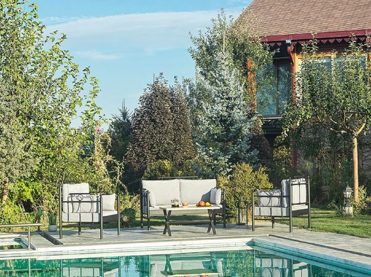 Casa Padrino Art Nouveau Conjunto de Muebles de Jardín Gris Claro / Negro - 1 Sofá y 2 Sillones y 1 Mesa - Muebles de Jardín y Patio Art Nouveau