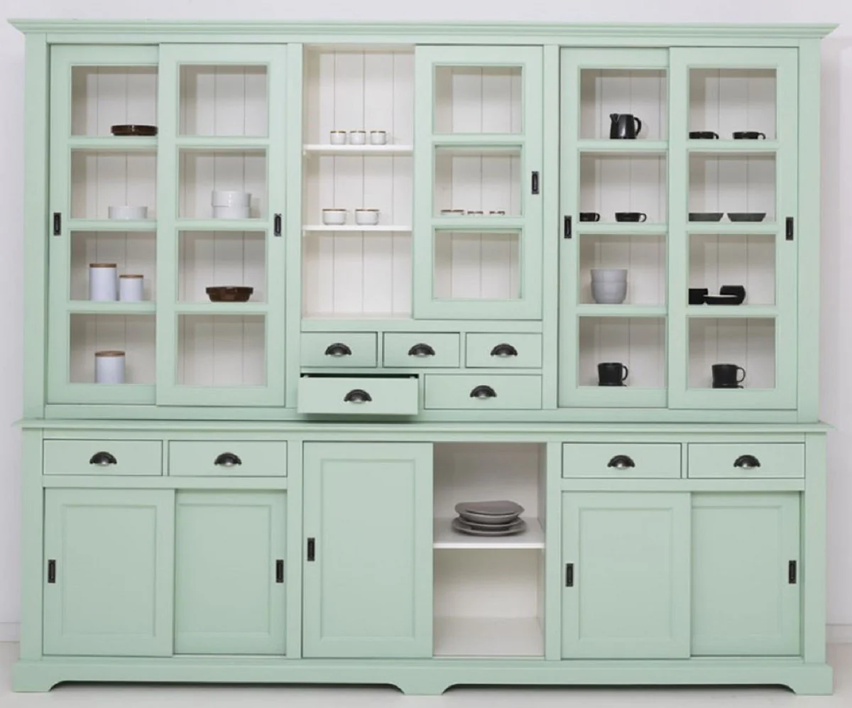 Casa Padrino armario de comedor de estilo campestre verde menta / blanco 280 x 55 x A. 225 cm - Armario de cocina de madera maciza - Muebles de comedor en estilo campestre