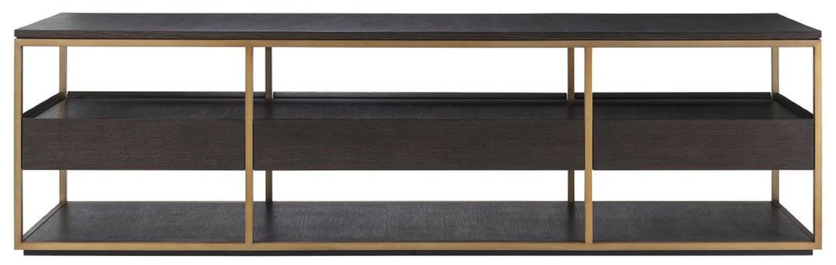 Casa Padrino gabinete de TV de lujo moca / latón 220 x 55 x A. 61 cm - Aparador de madera maciza con 3 cajones - Muebles de salón - Muebles de hotel - Colección de Lujo