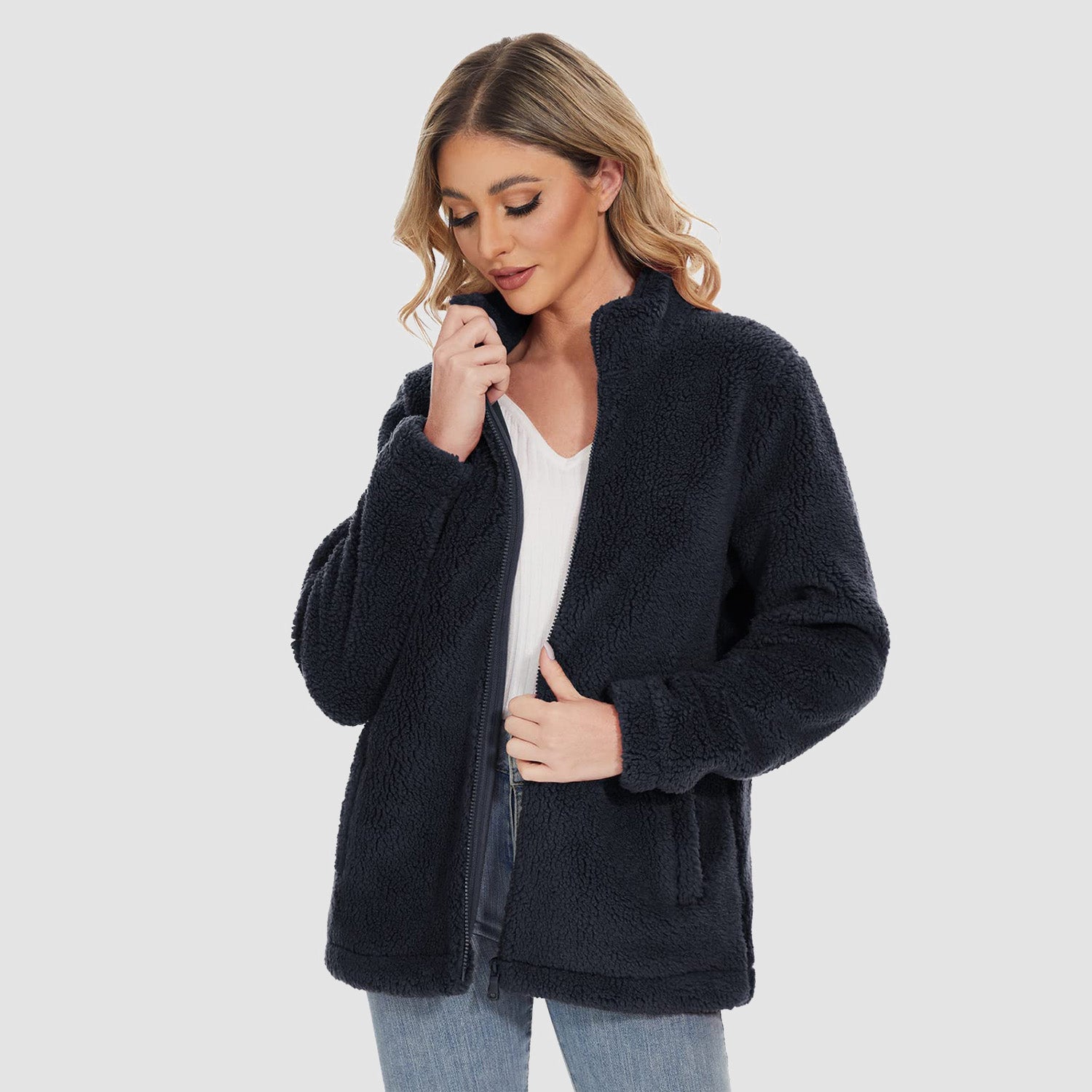Women Sherpa Jacket Full-Zip Fuzzy Fleece Teddy Casual Coats Zip Pockets Winter Warm Soft Jackets
