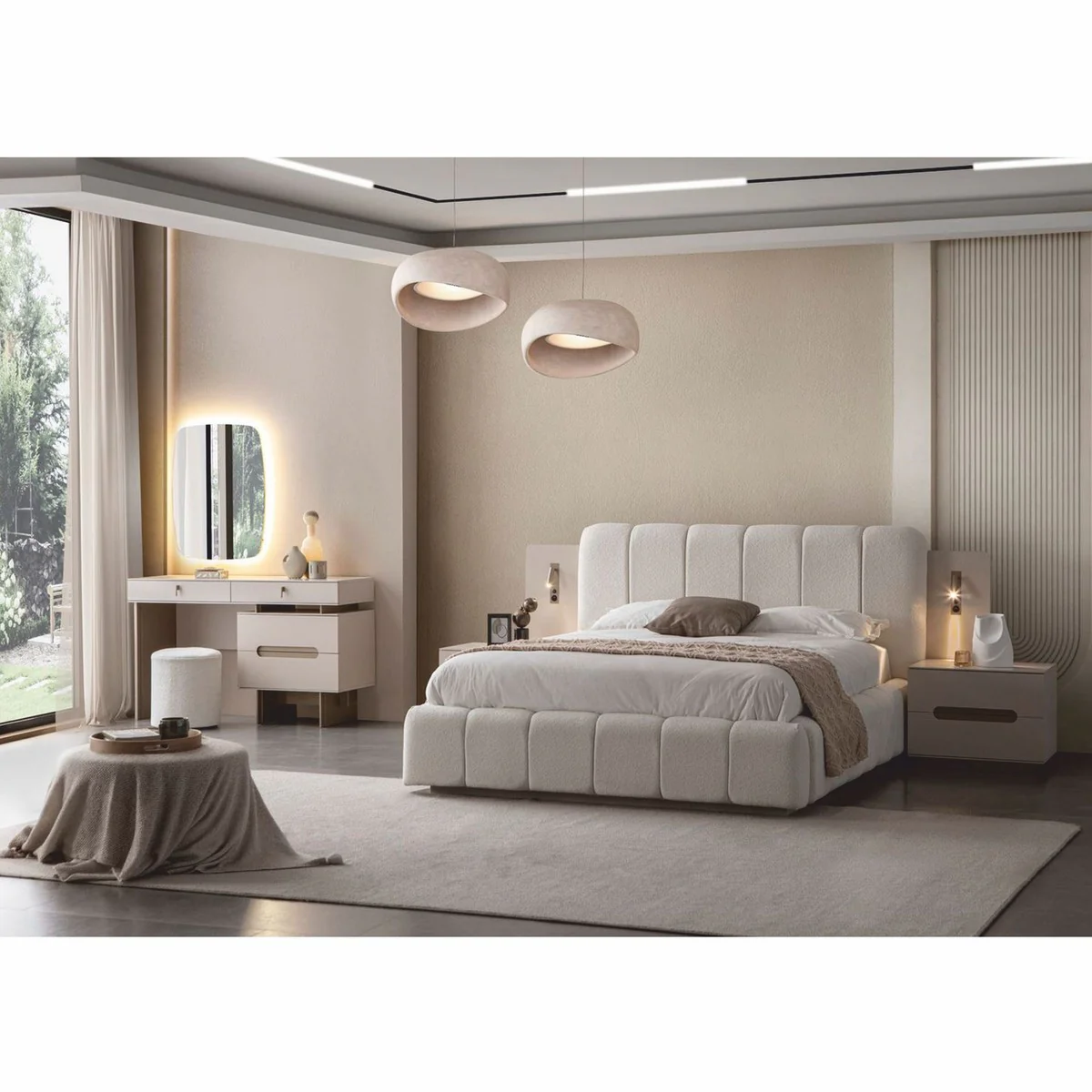 Casa Padrino conjunto de dormitorio de lujo blanco / gris - 1 Cama doble y 2 mesitas de noche