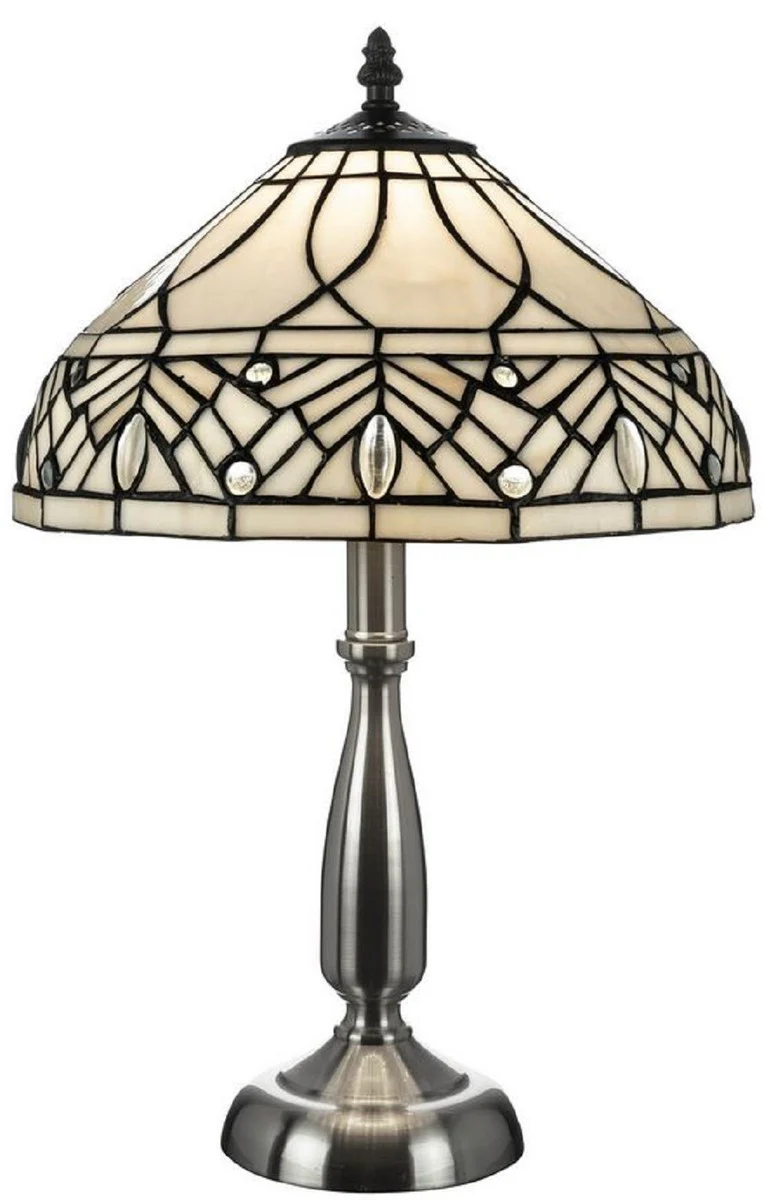 Casa Padrino Lámpara de Mesa Tiffany de Lujo Blanco / Negro / Plata Ø 30 x A. 48 cm - Elegante Lámpara de Escritorio - Accesorios Deco