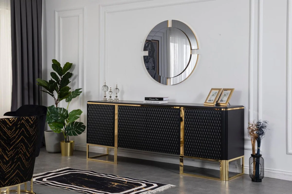 Casa Padrino aparador de lujo negro / oro 220 x 50 x A. 83 cm - Armario noble de madera maciza con 4 puertas - Muebles de Lujo - Calidad de Lujo