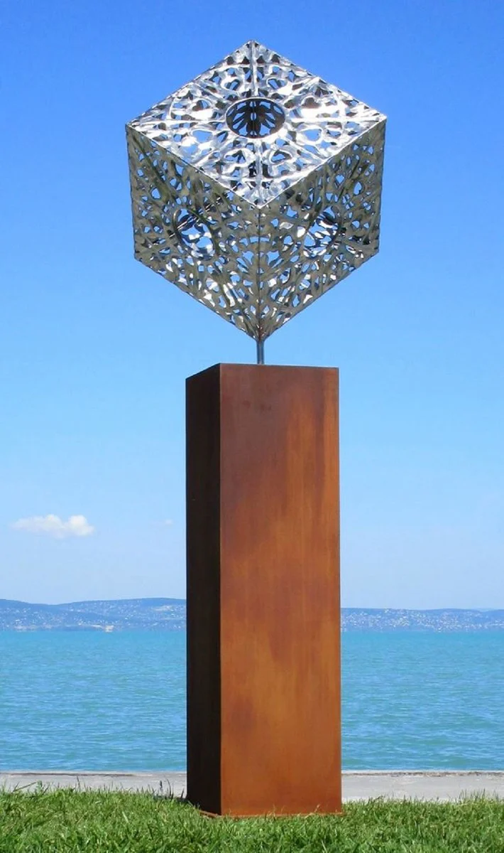 Casa Padrino escultura de metal de decoraci¨®n de jard¨ªn XXL cubo sobre columna plata / ¨®xido A. 216 cm