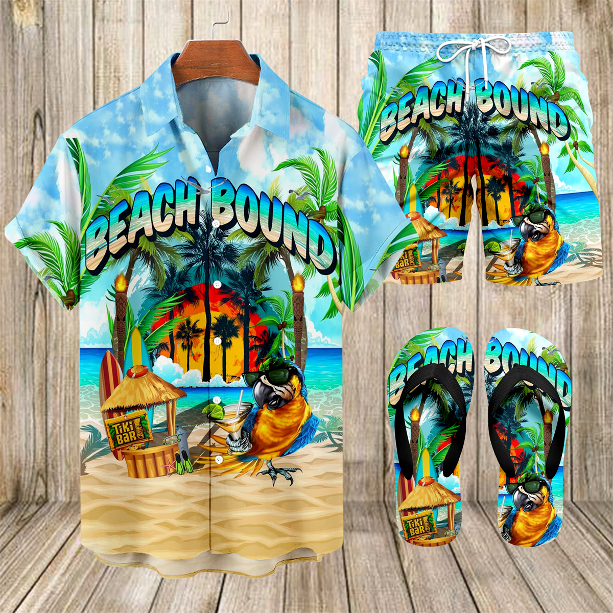 Suitmens Men's Tiki Party Hawaiian Vacation Print Three-Piece Set 027