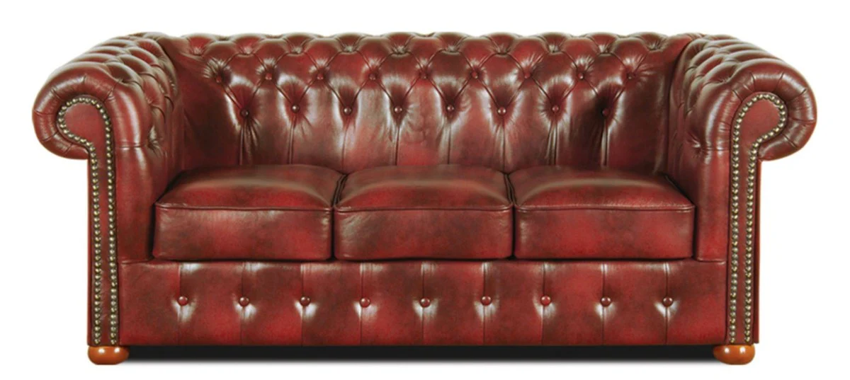 Casa Padrino Chesterfield Sof¨¢ 3 Plazas de Cuero Genuino Borgo?a 200 x 90 x H. 78 cm - Colecci¨®n de Lujo
