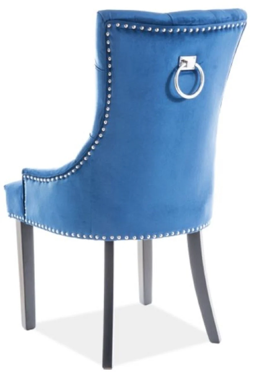 Casa Padrino silla de comedor Chesterfield de lujo azul / plata / negro 55 x 45 x A. 99 cm - Silla de cocina con terciopelo - Muebles de Comedor