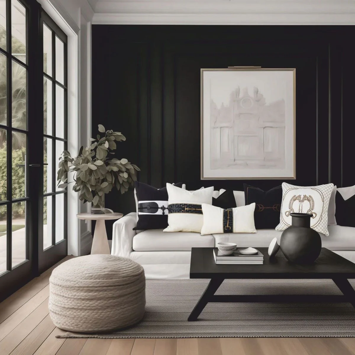 Casa Padrino cojín decorativo de lujo de algodón con aplicaciones de cuero negro / blanco 50 x 50 cm