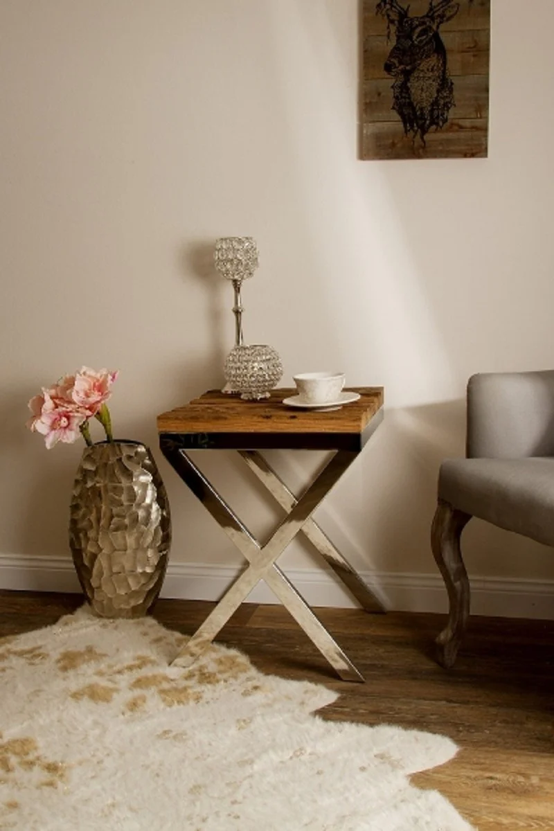 Casa Padrino mesa auxiliar de lujo marrón / plata 45 x 45 x H. 60 cm - Mesa Auxiliar con Superficie Rústica y Tapa de Cristal Adicional