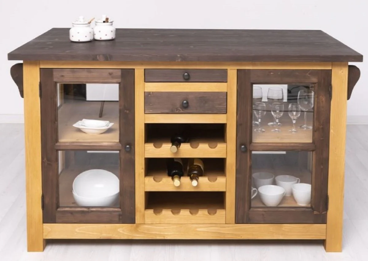 Casa Padrino isla de cocina de estilo campestre marr¨®n / natural 150 x 90 x A. 90 cm - Gabinete de cocina de madera maciza - Mueble de comedor de madera maciza estilo campestre