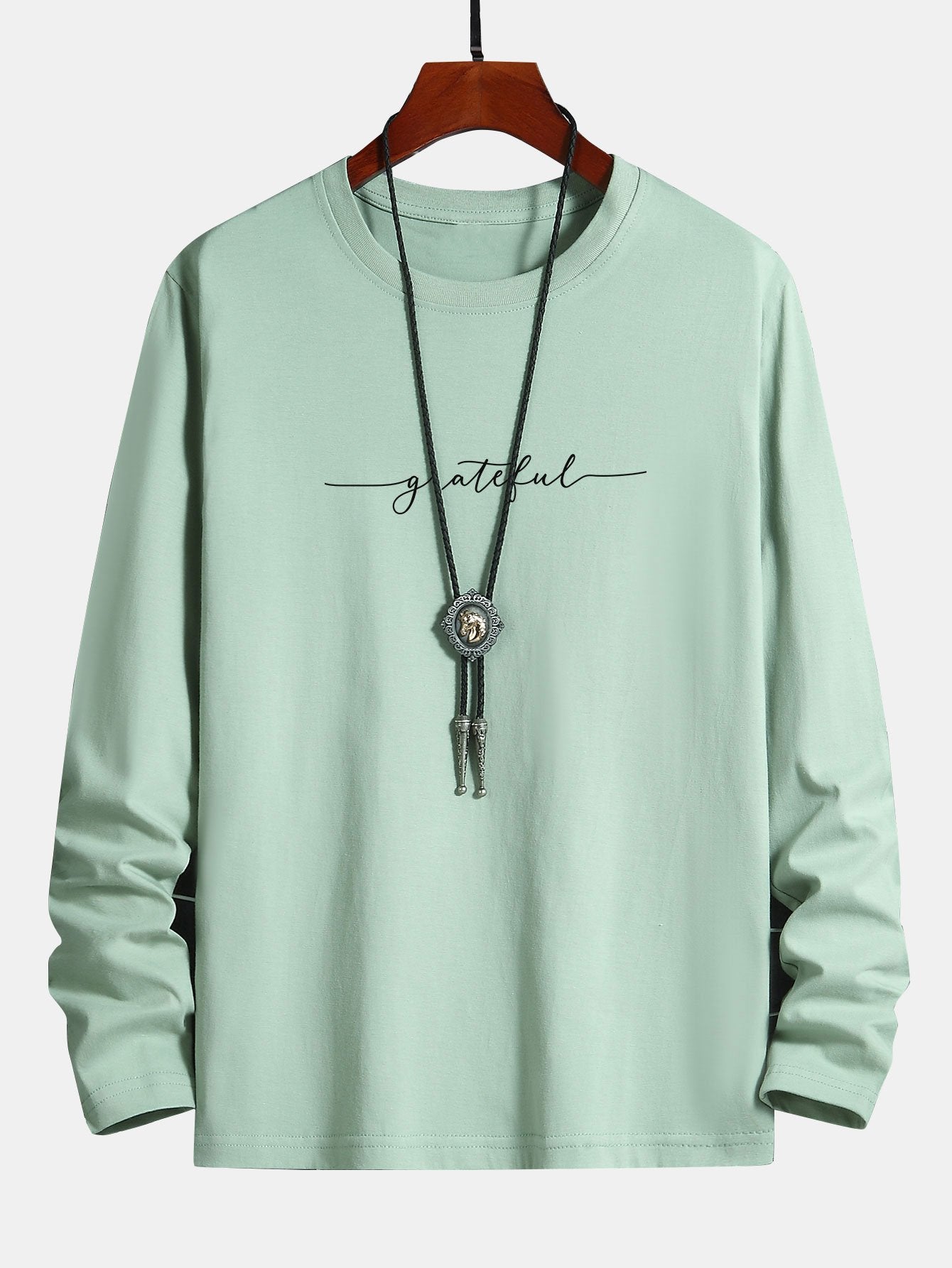 Long Sleeve Grateful Print Cotton T-Shirt