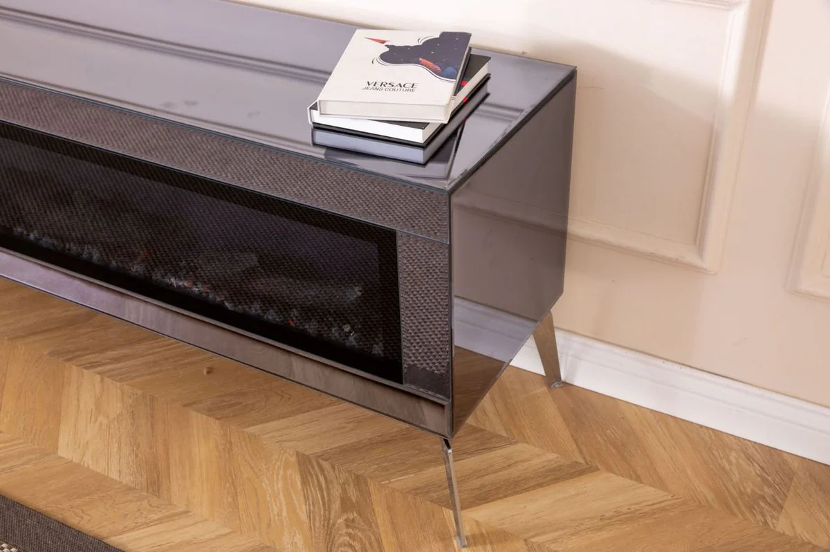 Casa Padrino gabinete de TV de lujo con chimenea eléctrica LED y mando a distancia plata 180 cm