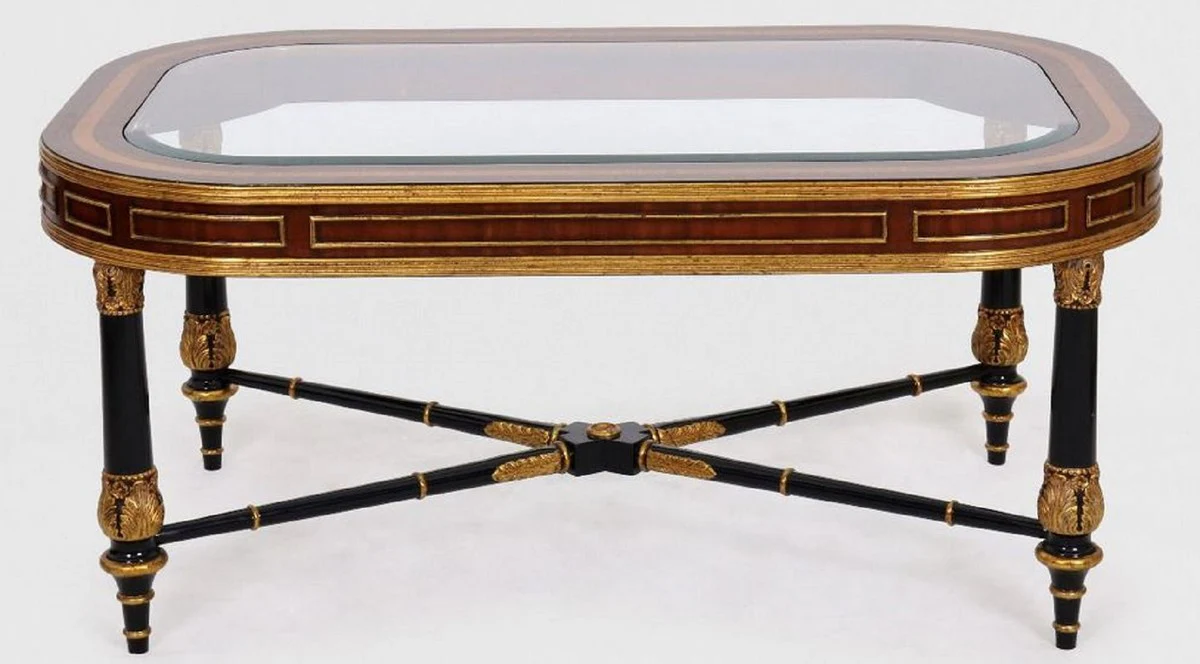 Casa Padrino mesa de centro barroco de lujo marr¨®n / negro / oro 122 x 81 x A. 56 cm - Mesa de sal¨®n de madera maciza noble con tapa de vidrio - Muebles Barrocos