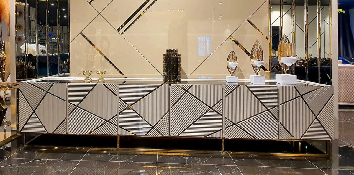 Casa Padrino armario de TV de lujo blanco-gris / oro 267 x 44 x A. 60 cm - Aparador de sal¨®n con 6 puertas - Muebles de TV de sala de estar de lujo - Calidad de Lujo