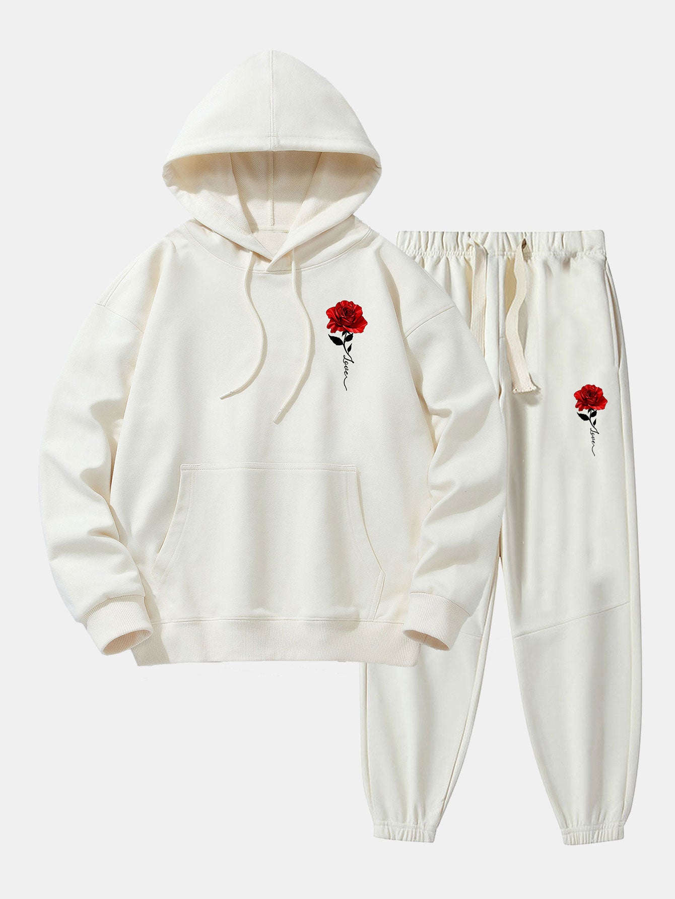 Rose Print Cotton Blend Hoodie & Jogger Pants