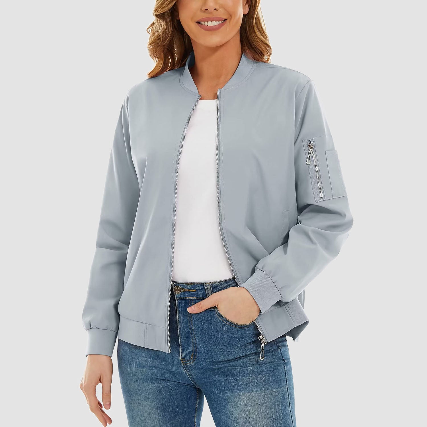 Women's Bomber Jackets Casual Jacket with 3 Pockets Spring Windbrealer Coat Fashion Outwear