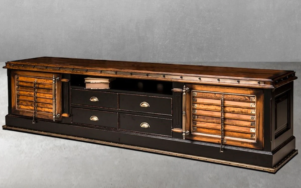 Casa Padrino armario de TV Lujo de estilo vintage marrón / natural / negro 255 x 48,5 x A. 61 cm - Aparador estilo vintage con 2 puertas y 4 cajones - Mueble de salón de estilo vintage de lujo