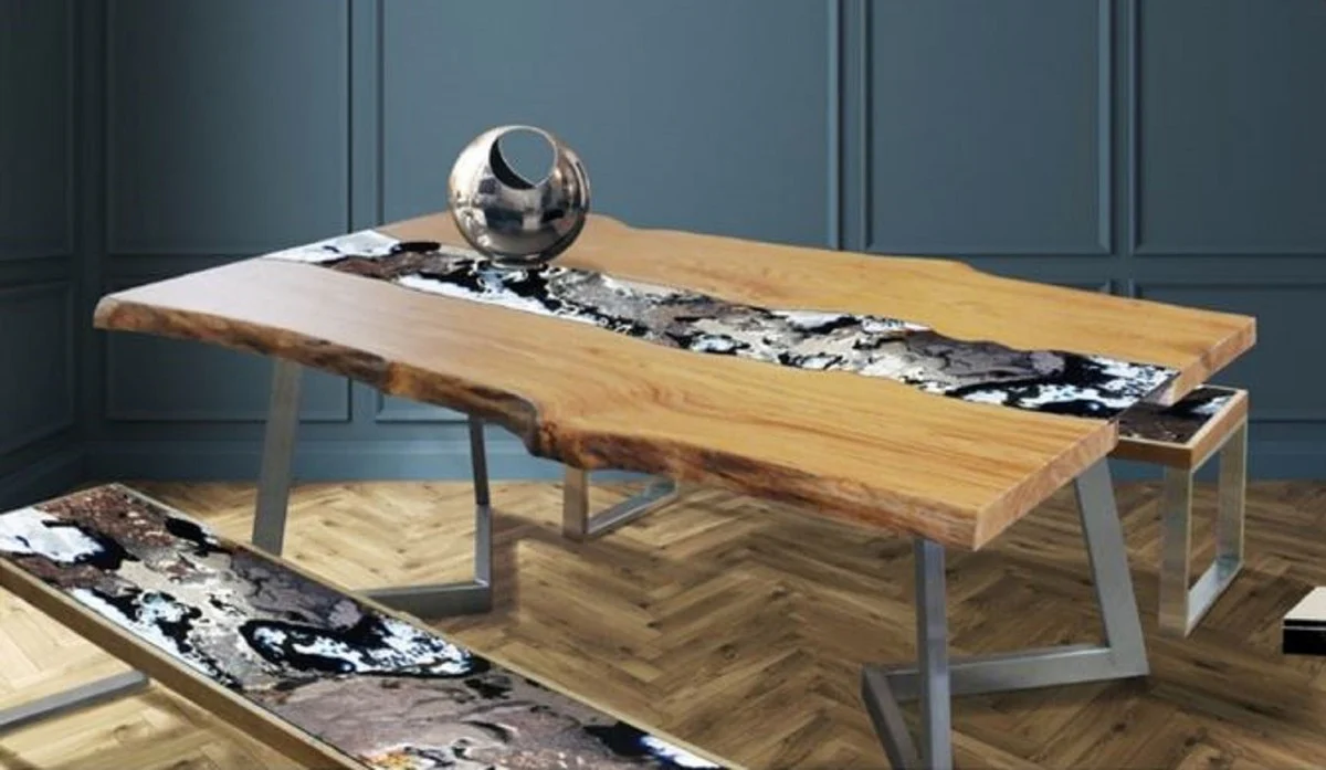 Casa Padrino mesa de comedor de lujo natural / multicolor / plata 200 x 100 x A. 75 cm - Mesa moderna de madera maciza con piedra de lava noble y estructura de acero inoxidable - Muebles de Comedor