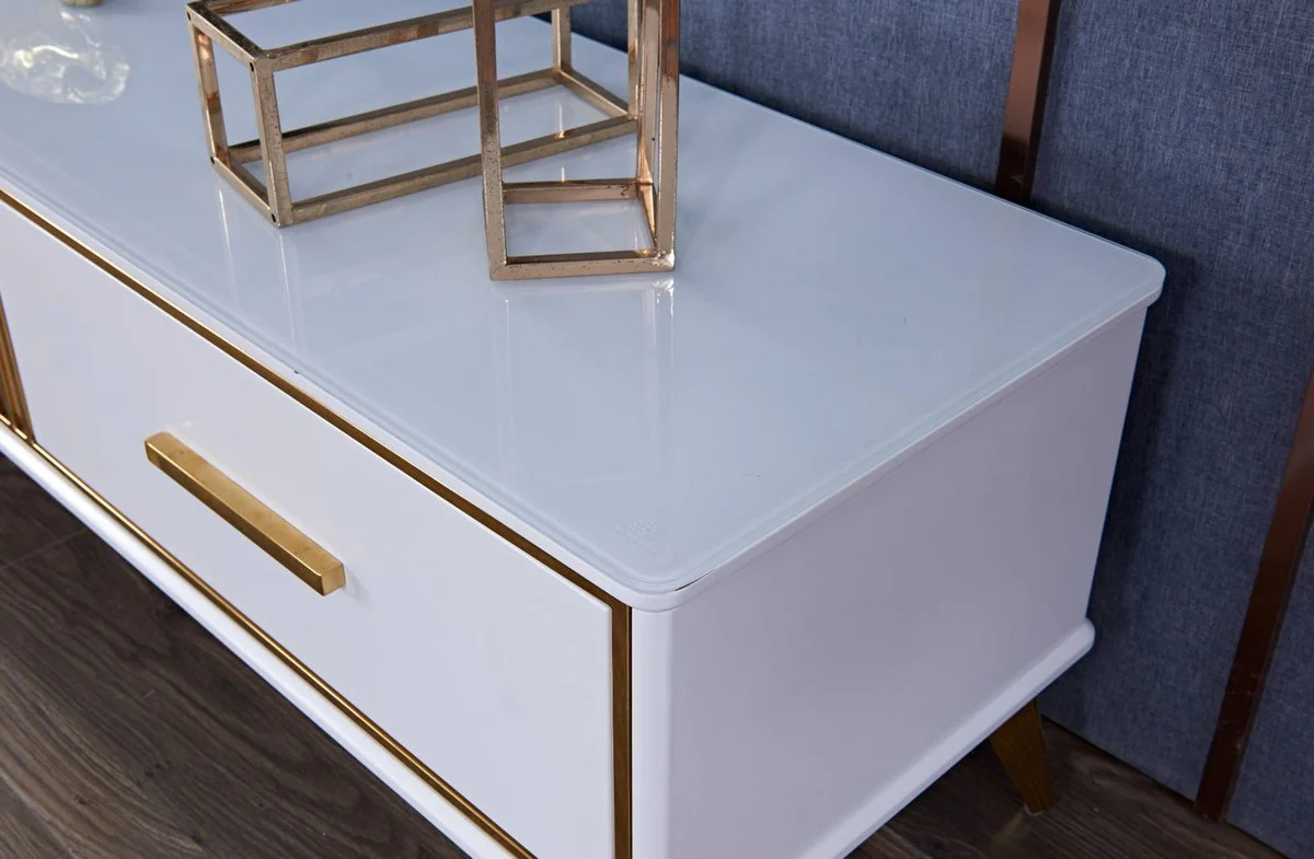 Casa Padrino armario de TV de lujo blanco / oro 200 x 40 x H. 41 cm - Aparador de salón moderno con 3 cajones - Mueble TV de salón moderno