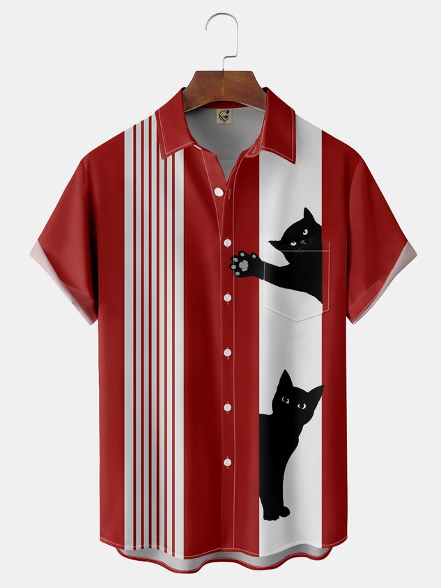 Cat Chest Pocket Short Sleeve Bowling Shirt