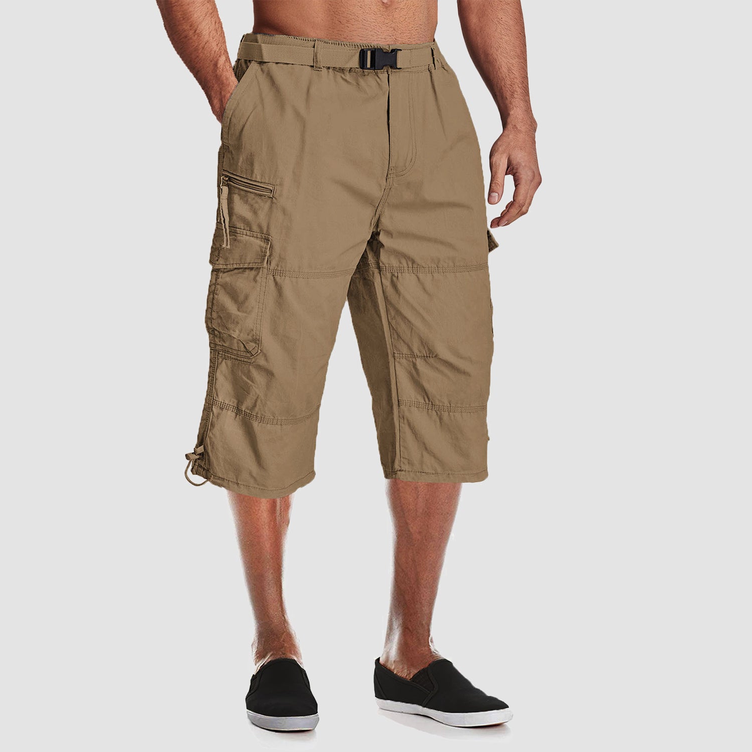 Men Summer Casual 3/4 Long Cargo Shorts Twill Cotton Elastic Waist Multiple Pockets Comfortable Capris Trousers