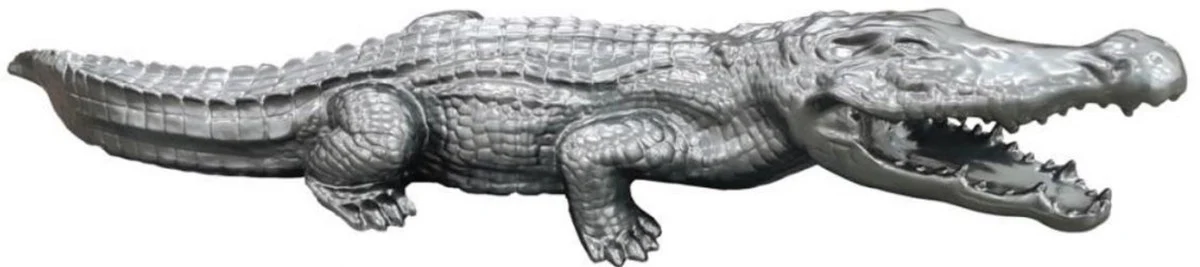 Casa Padrino escultura decorativa de lujo cocodrilo plata 108 cm - Escultura de jardín resistente a la intemperie - Escultura decorativa XXL - Figura decorativa XXL - Decoración de jardín