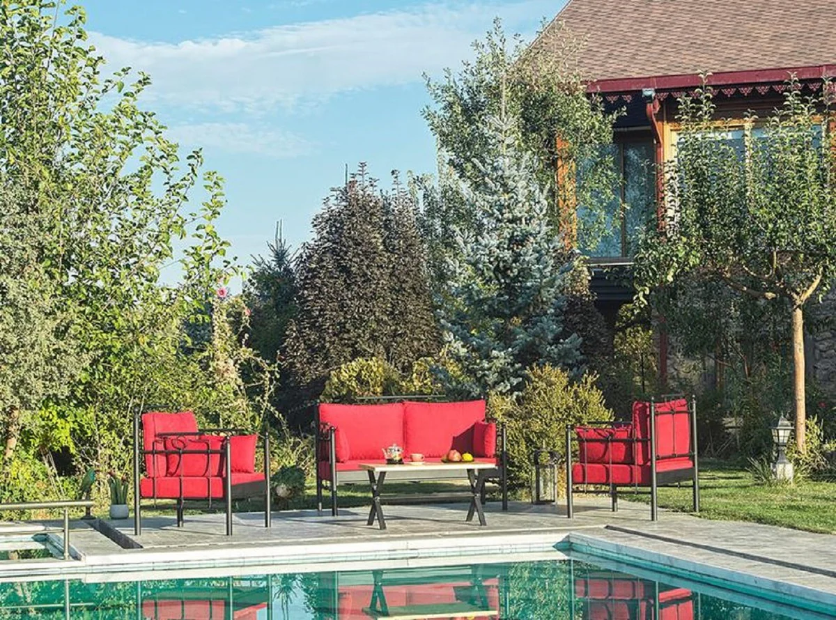 Casa Padrino Art Nouveau Conjunto de Muebles de Jard¨ªn Rojo Burdeos / Negro - 1 Sof¨¢ y 2 Sillones y 1 Mesa - Muebles de Jard¨ªn y Patio Art Nouveau