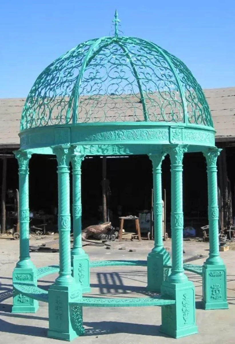 Casa Padrino pabellón de jardín barroco de lujo verde menta Ø 300 x A. 420 cm - Pabellón de hierro fundido con bancos integrados - Magnífica decoración de jardín en estilo barroco