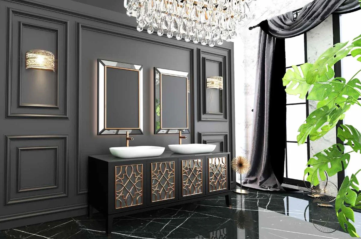 Casa Padrino Conjunto de Baño de Lujo Negro / Oro / Blanco - 1 Mesa de Lavado con 4 Puertas y 2 Lavabos y 2 Espejos de Pared - Calidad de Lujo