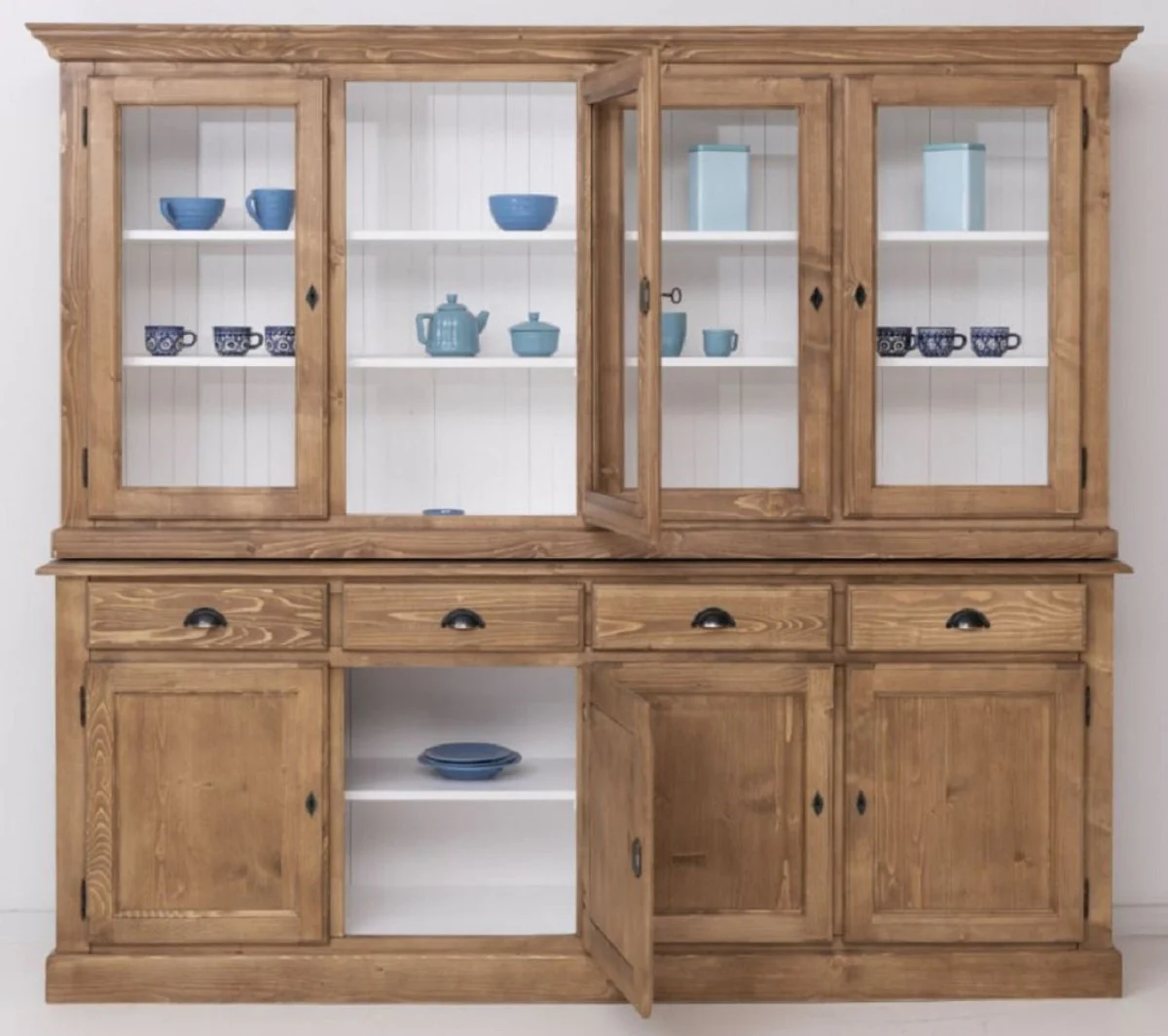 Casa Padrino armario de comedor de estilo campestre natural / blanco 230 x 45 x A. 200 cm - Armario de cocina de madera maciza - Muebles de comedor en estilo campestre