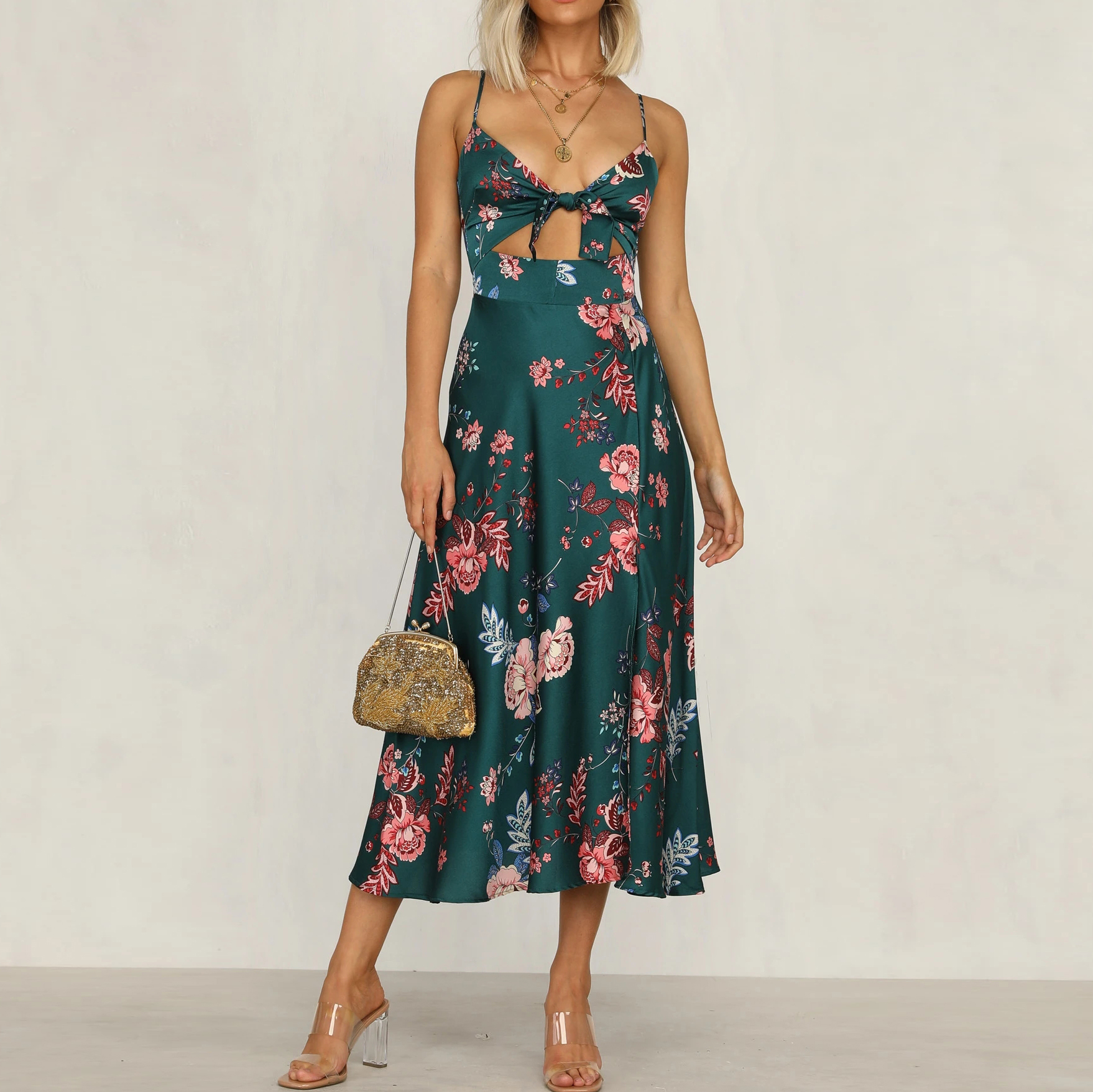 Fashion Temperament Printed Knotted Sling Dress