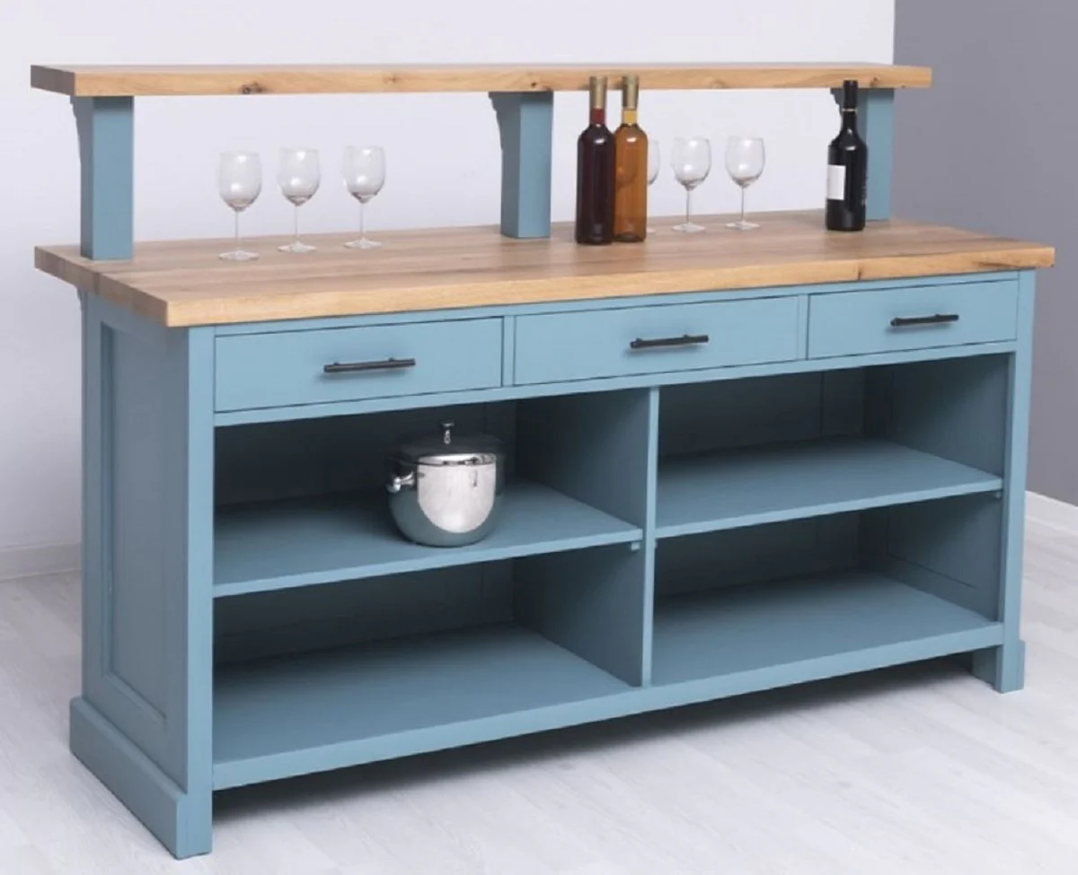 Casa Padrino barra de bar de estilo campestre azul claro / natural 180 x 68 x A. 120 cm - Barra de bar de madera maciza - Muebles de bar de madera maciza - Muebles de bar en estilo campestre