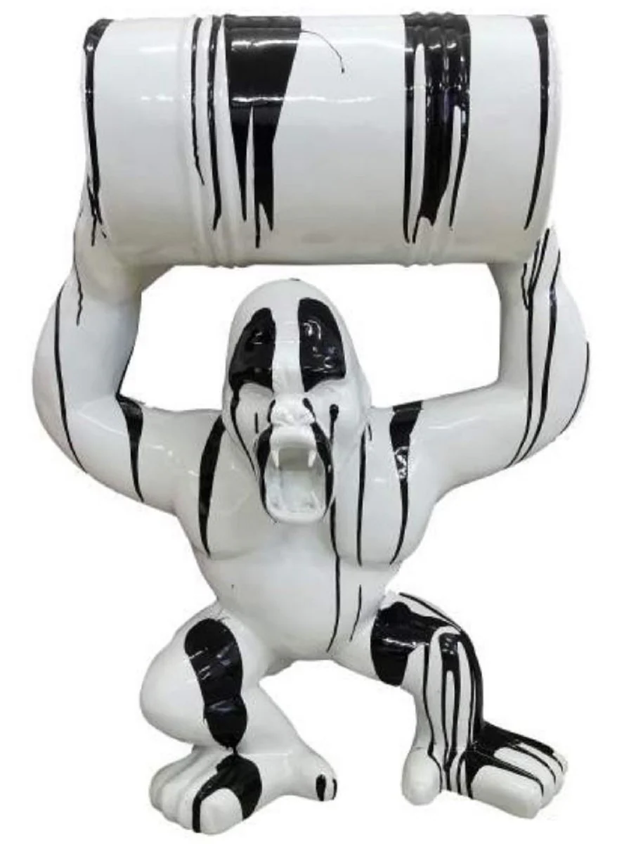 Casa Padrino escultura decorativa de dise?o de lujo mono gorila con barril blanco / negro A. 100 cm - Escultura decorativa grande XXL - Figura animal decorativa XXL - Figuras decorativas XXL de lujo