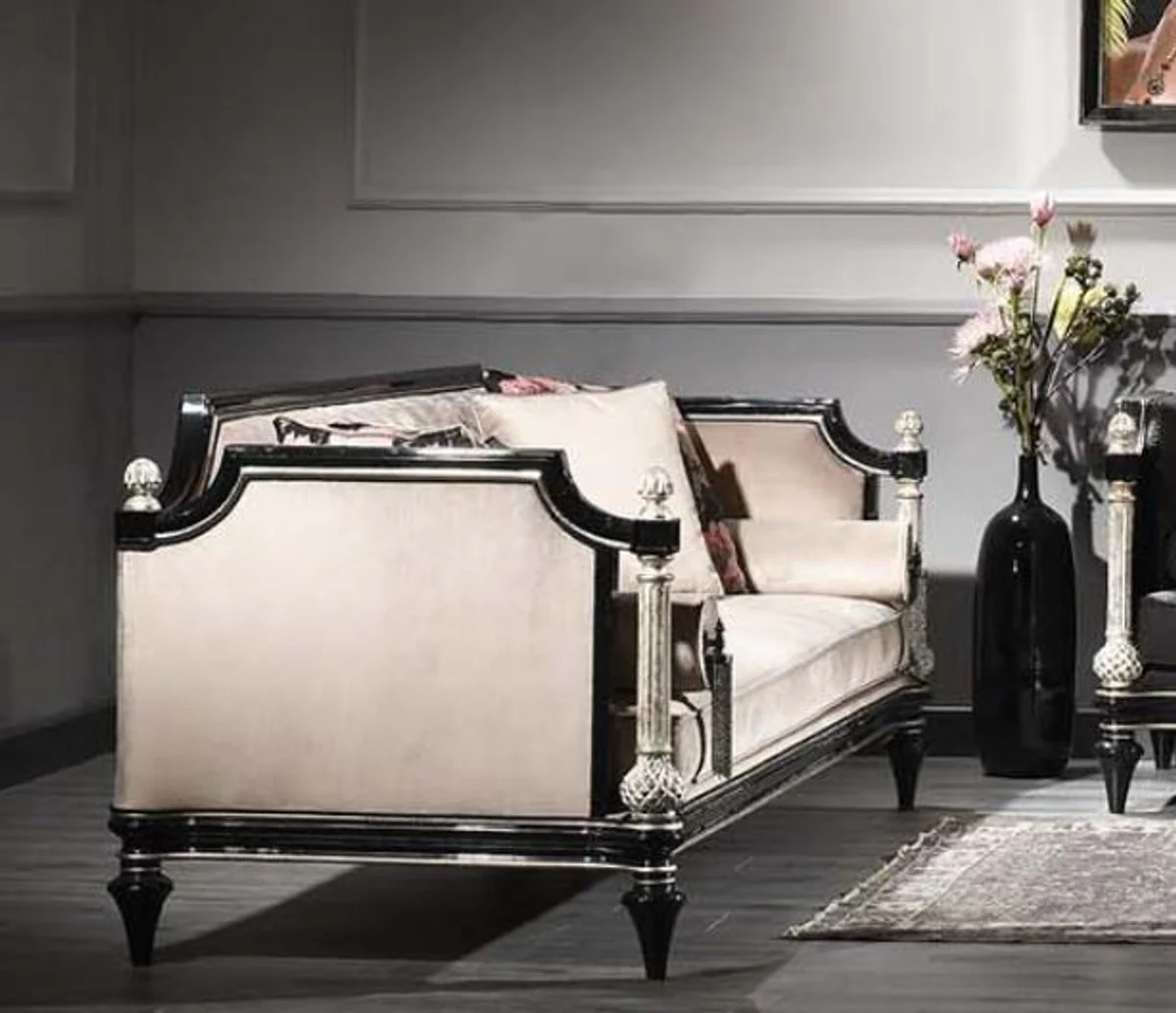 Casa Padrino sof¨¢ de terciopelo barroco de lujo beige / negro / plata / oro antiguo 250 x 95 x A. 80 cm - Magn¨ªfico Sof¨¢ de Estilo Barroco
