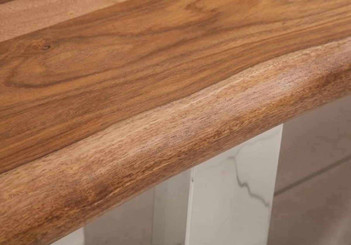 Casa Padrino banco de diseño marrón / plata 180 x 45 x H. 45 cm - Banco de Lujo con Madera Maciza de Sheesham y Patas de Acero Inoxidable Pulidas