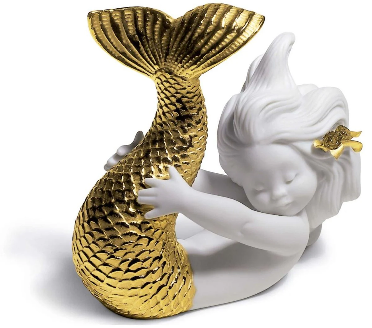 Casa Padrino Luxury Porcelain Figurine Mermaid White / Gold 12 x H. 10 cm - Luxury Living Room Decoration