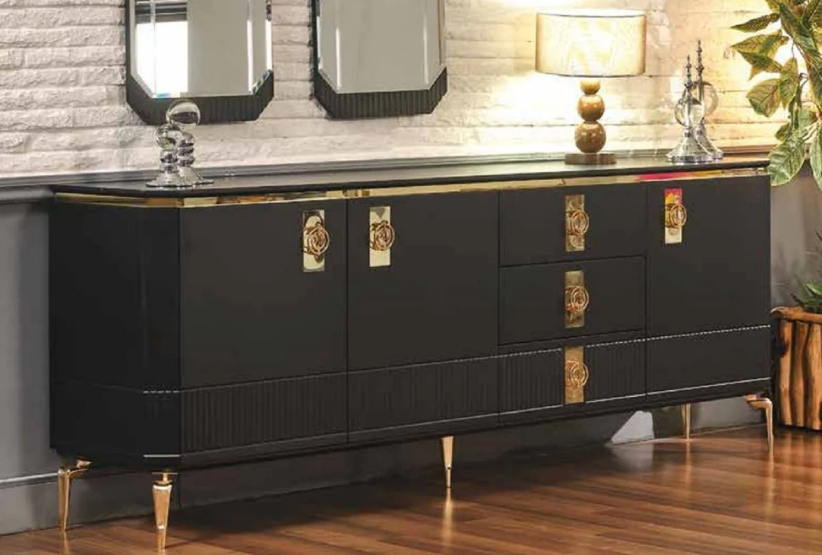 Casa Padrino aparador Art Deco de lujo negro / oro 200 x 41 x A. 77 cm - Gabinete noble de madera maciza con 3 puertas y 3 cajones - Muebles Art Deco - Muebles de lujo