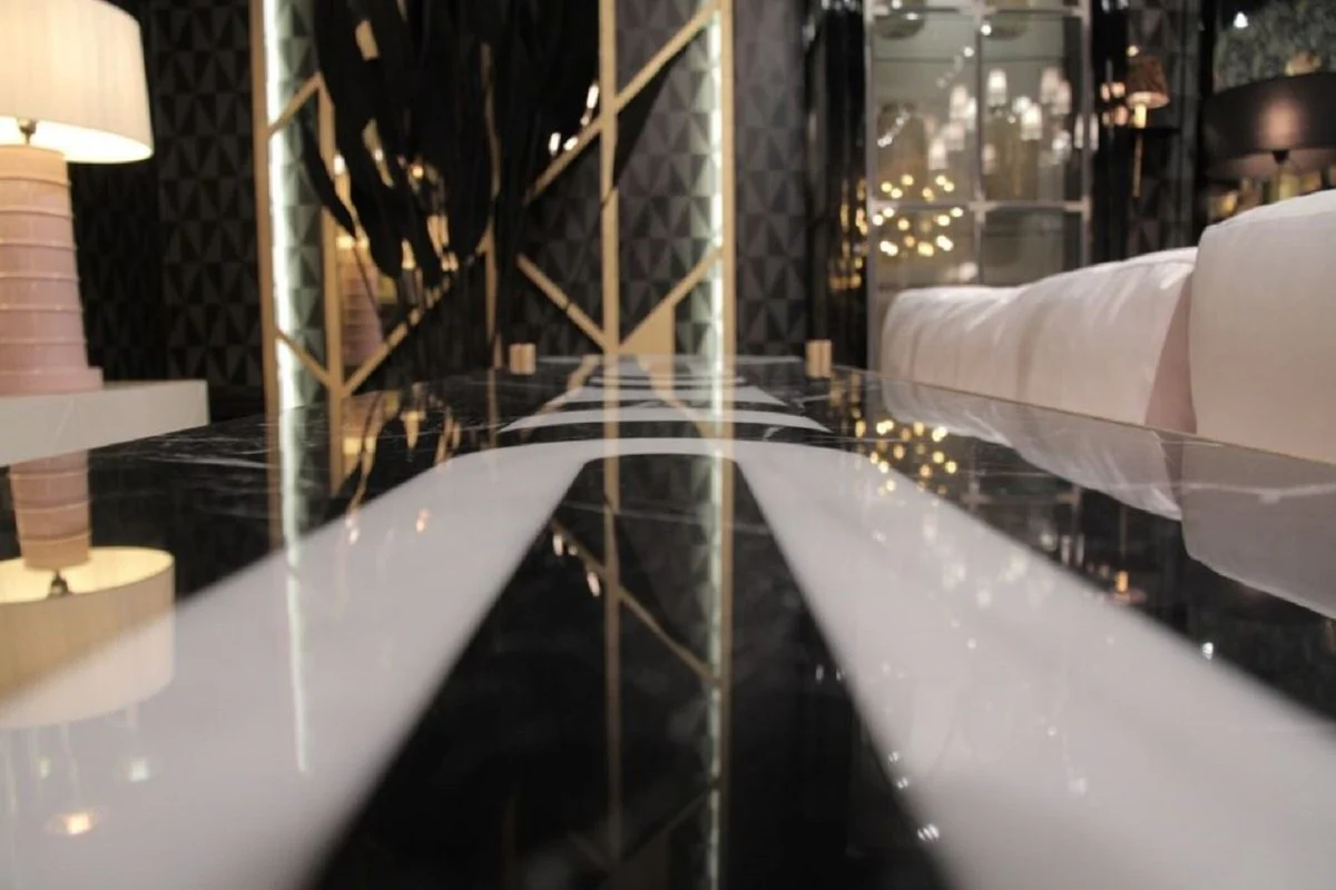 Casa Padrino consola de lujo lat¨®n / negro / blanco 220 x 45 x A. 85 cm - Consola con tablero de m¨¢rmol y estante de vidrio - Muebles de Hotel - Calidad de Lujo