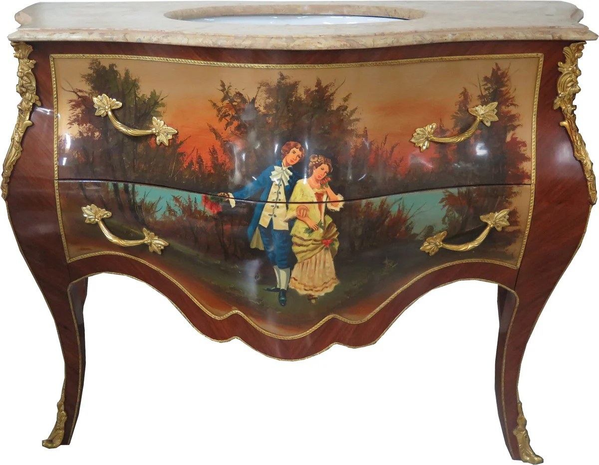 Lavabo barroco Casa Padrino marrón con pintura y mármol crema - lujosos muebles de baño barroco