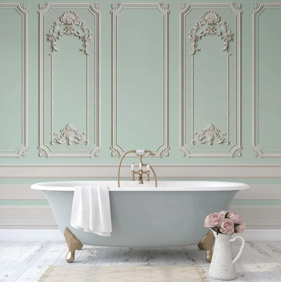 Casa Padrino papel pintado no tejido barroco de lujo verde menta / gris - Papel pintado de salón de estilo barroco con patrón estuco elegante - Decoración de pared estilo barroco