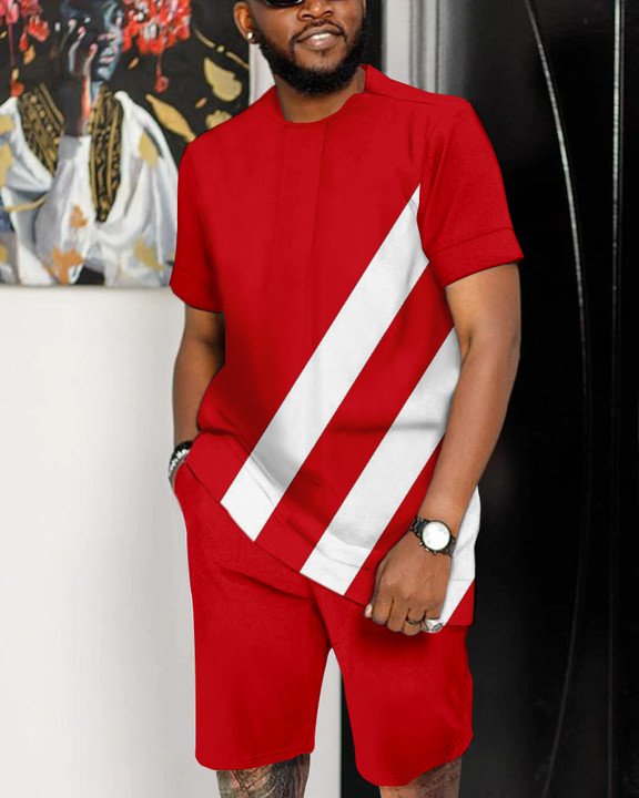 Suitmens Men's Casual Diagonal Stripe Shorts Set 06