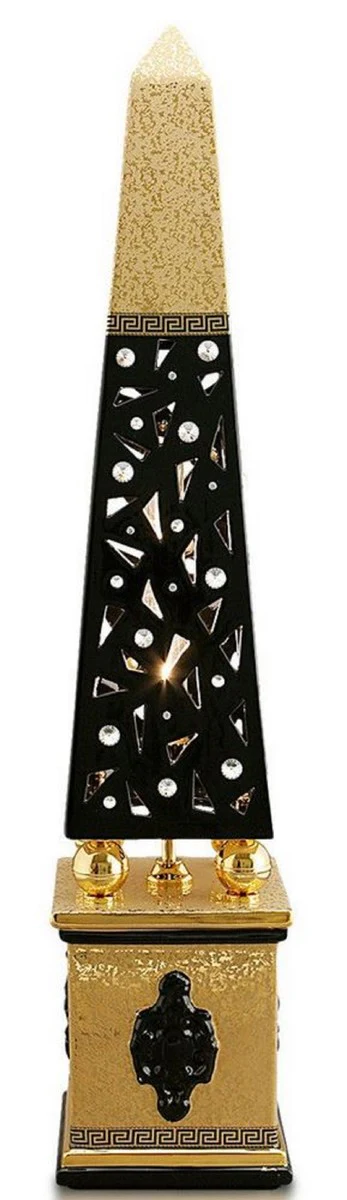 Casa Padrino lámpara de pie de lujo obelisco negro / oro 22 x 22 x H. 105 cm - Lámpara de Pie de Cerámica Pintada a Mano con Cristal de Swarovski - Lámpara de Lujo