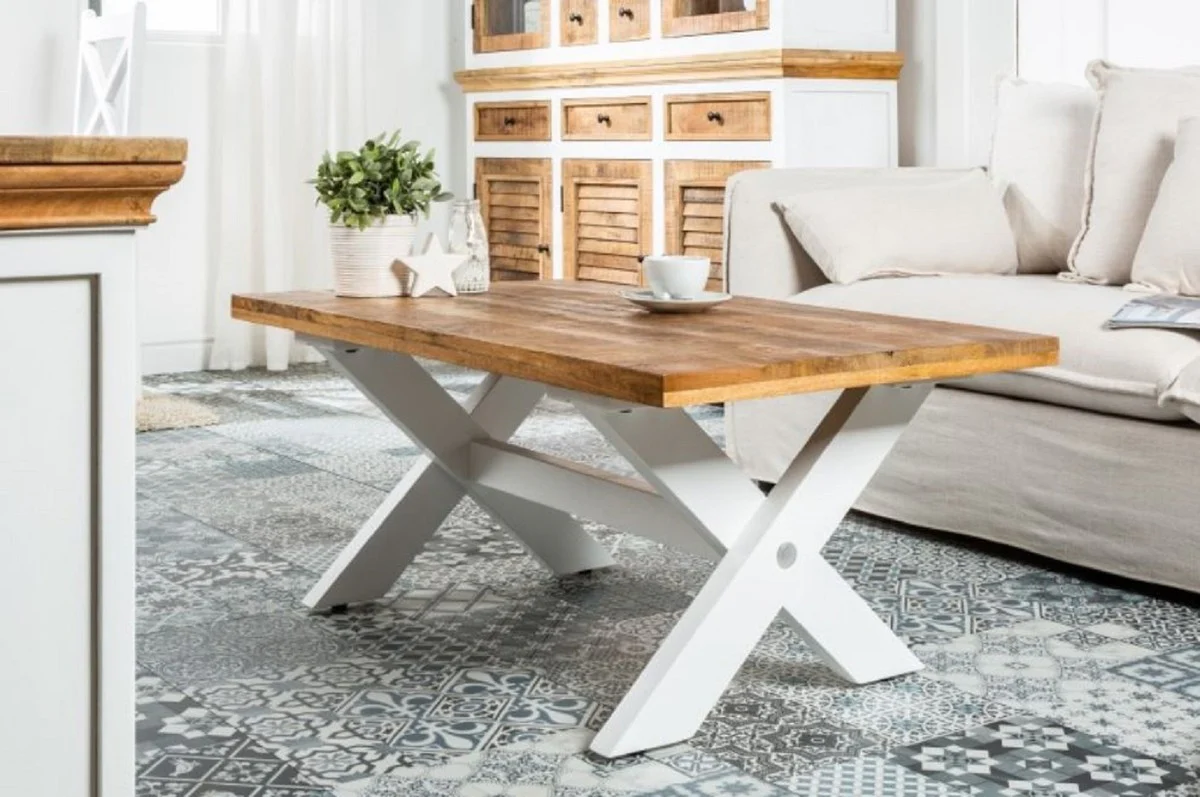 Casa Padrino mesa de centro de estilo campestre natural / blanco 110 x 60 x A. 45 cm - Mesa de sal¨®n hecha a mano de madera maciza - Muebles de sal¨®n en estilo campestre