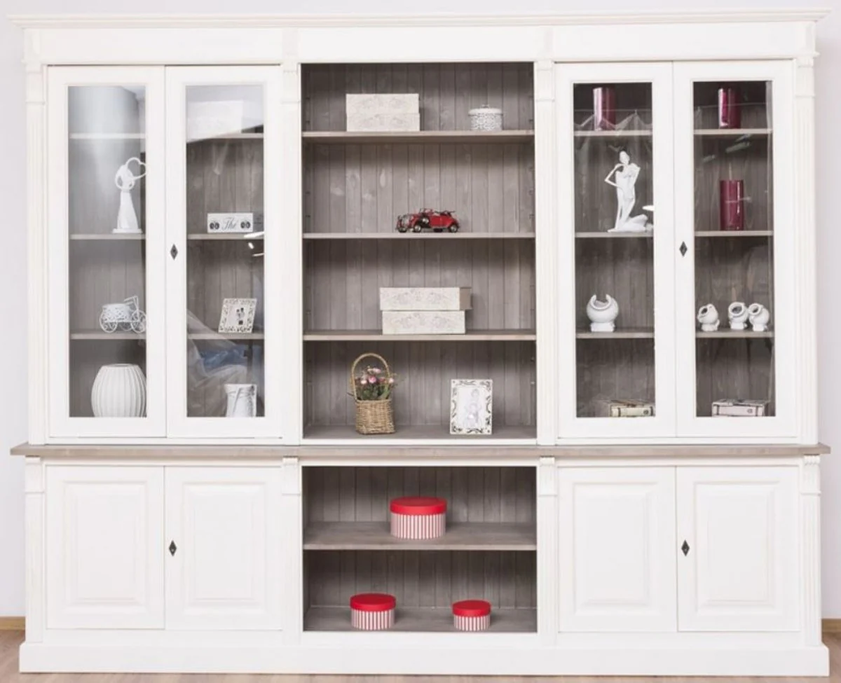 Casa Padrino armario de libros estilo campestre blanco / marr¨®n gris 286 x 51 x A. 228 cm - Armario de madera maciza - Armario de sal¨®n - Armario de oficina - Muebles de estilo campestre