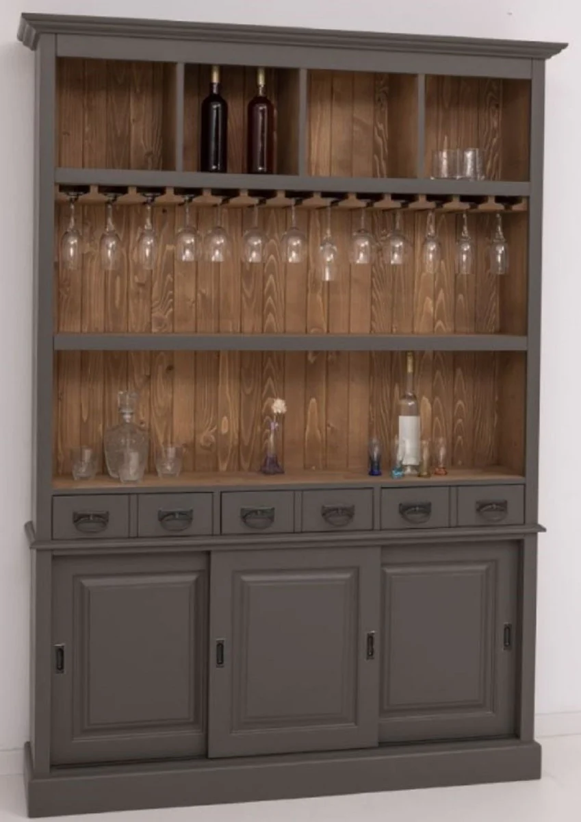 Casa Padrino armario de bar de madera maciza de estilo campestre gris oscuro / marr¨®n 151 x 36 x A. 210 cm - Gabinete de vino de madera maciza estilo campestre - Mueble bar de estilo campestre