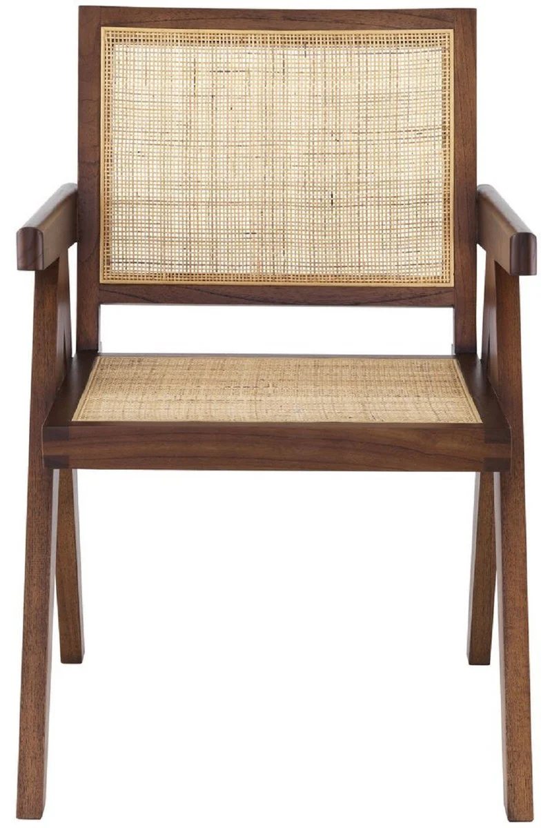 Casa Padrino silla de comedor de lujo marr¨®n / natural 57 x 65,5 x A. 90 cm - Silla de madera maciza con reposabrazos y rat¨¢n tejido a mano - Muebles de comedor de lujo