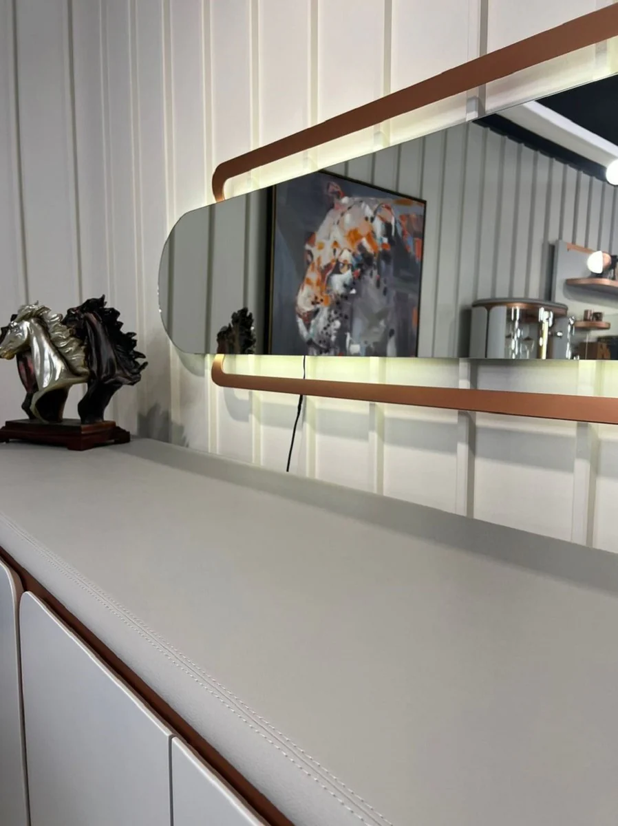 Casa Padrino aparador de lujo blanco / gris / cobre 260 x 60 x A. 90 cm - Armario de madera maciza con 4 puertas - Muebles de comedor - Muebles de lujo - Interiores de lujo