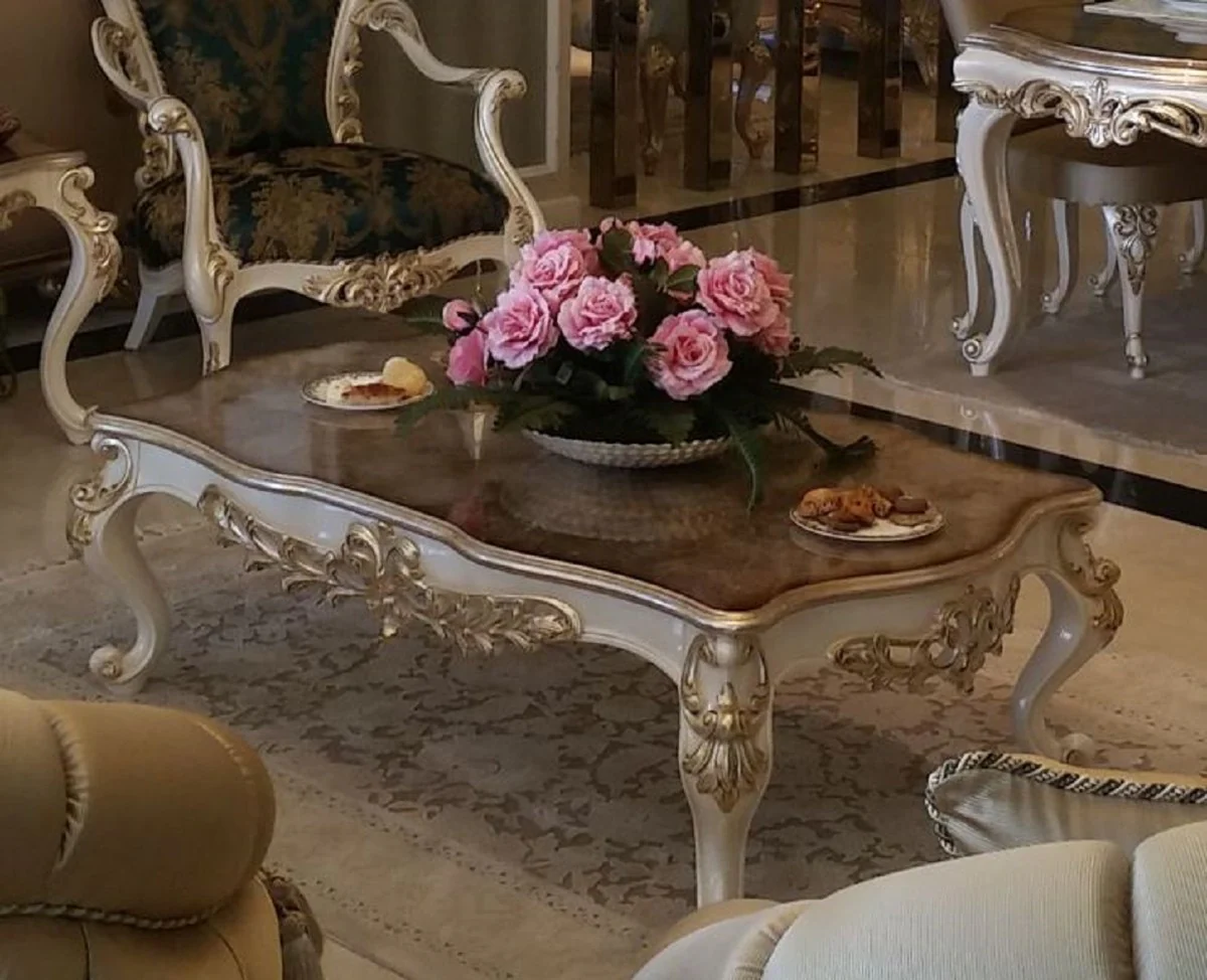 Casa Padrino mesa de centro barroco de lujo marr¨®n / blanco / oro - Mesa de sal¨®n rectangular de madera maciza de estilo barroco - Noble mobiliario de sal¨®n barroco