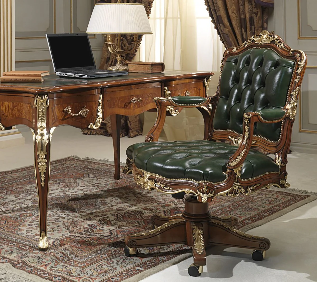 Casa Padrino escritorio barroco de lujo verde / marr¨®n / oro 156 x 88 x A. 80 cm - Magn¨ªfica mesa de oficina de madera maciza hecha a mano con piel genuina - Mobiliario de oficina - Calidad de Lujo